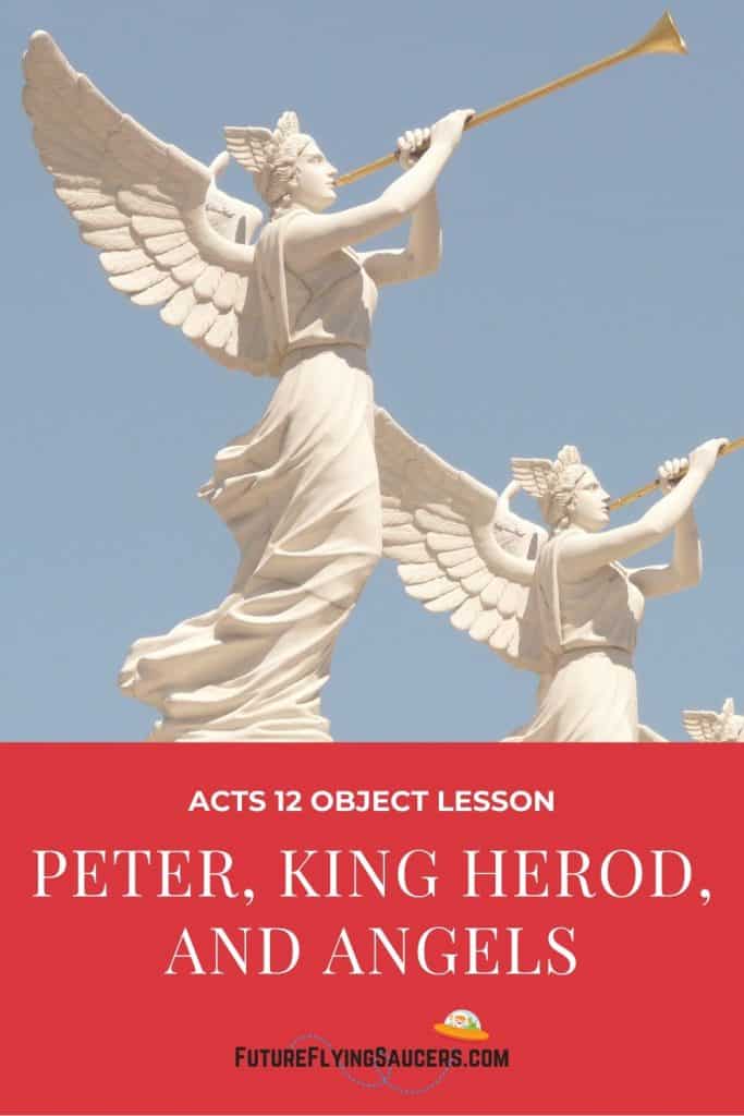 title image for Acts 12 bible lesson includes 2 angel statues with gold trumpets