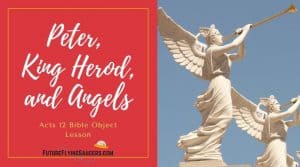 title image for Acts 12 bible lesson with angel statues blowing gold trumpets