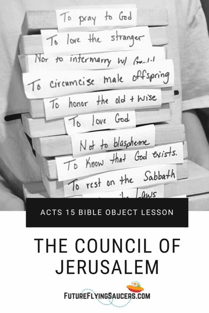 Title image for bible lesson: The Council of Jerusalem; image of child holding stack of blocks with words written on them