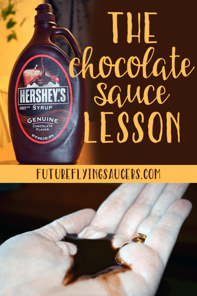 image with chocolate sauce bottle, the title of the bible lesson, and a hand with chocolate sauce in the middle